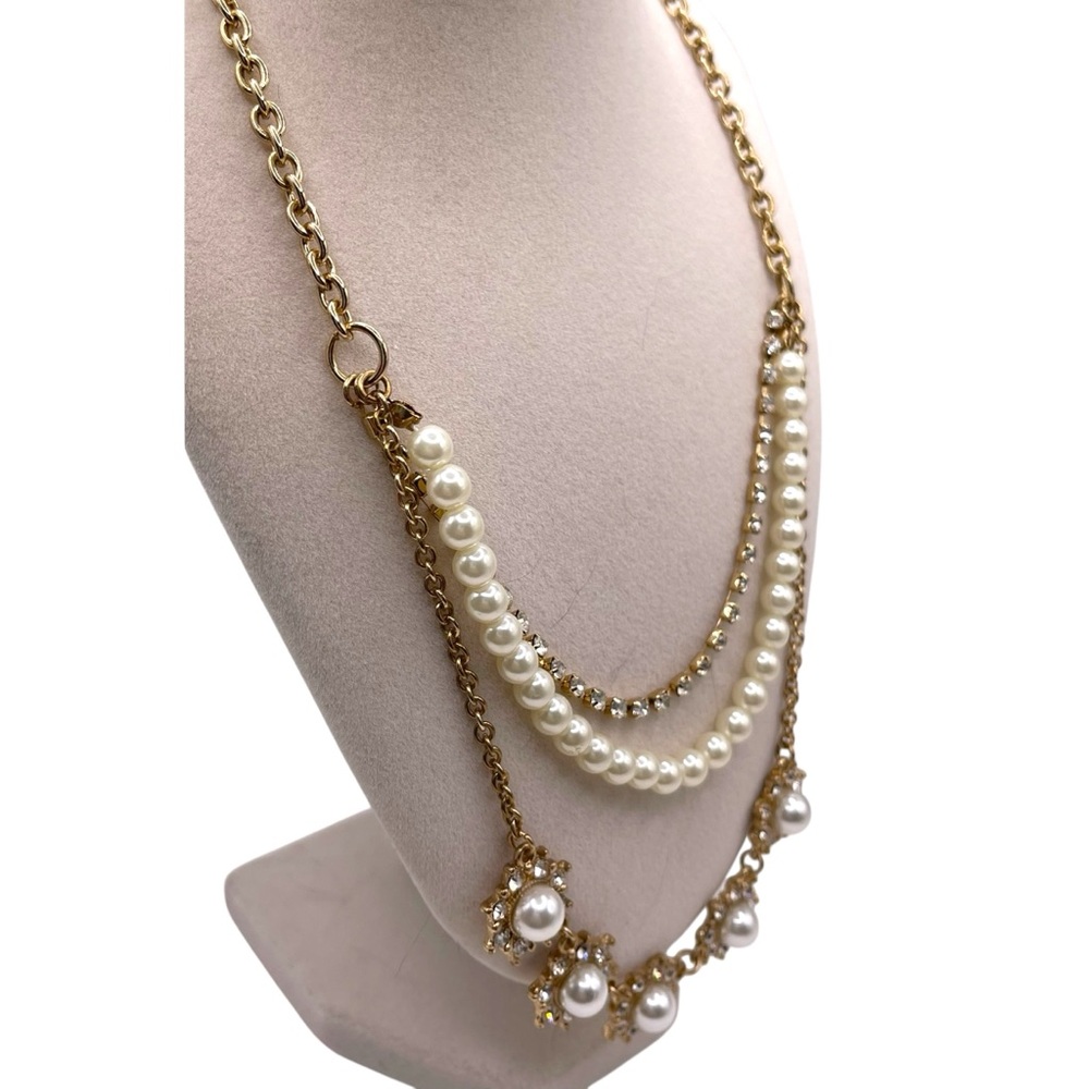 ❤️ Pearl x Rhinestone Triple Layer Gold Tone Necklace - Picture 3 of 5